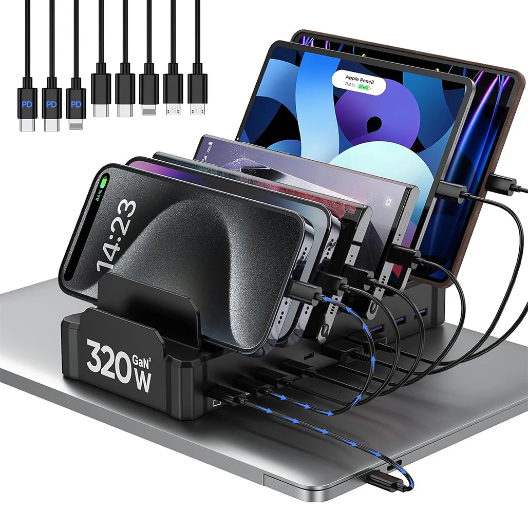 320W Multi-Device Charging Station with 10 USB C Ports – Zobirez Fast Charger Dock for MacBook, iPhone, iPad, Android, Tablets – Organized Family Charging Solution, Black - Image 2