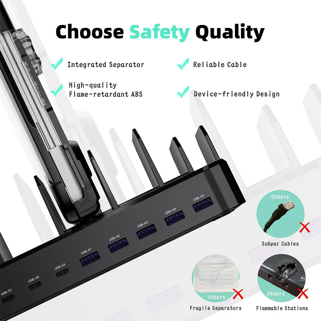 320W Multi-Device Charging Station with 10 USB C Ports – Zobirez Fast Charger Dock for MacBook, iPhone, iPad, Android, Tablets – Organized Family Charging Solution, Black - Image 3