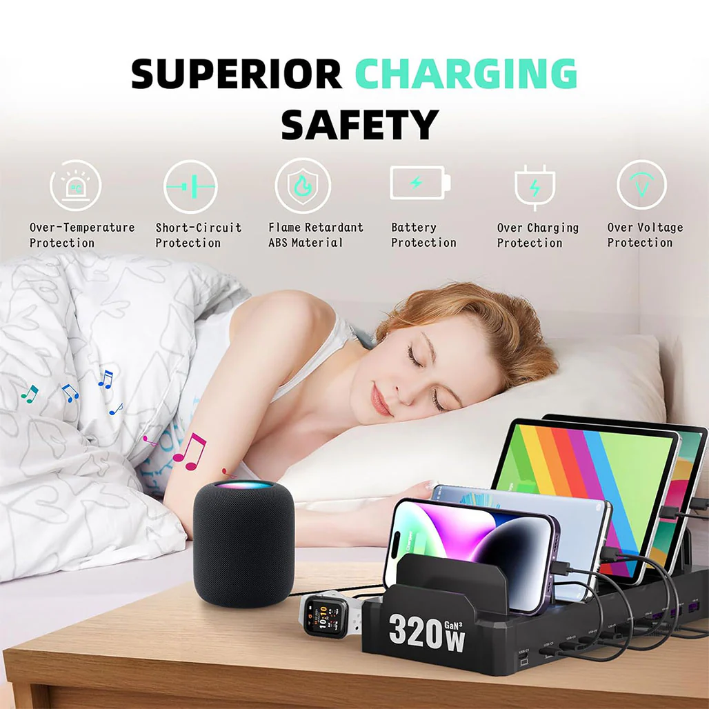 320W Multi-Device Charging Station with 10 USB C Ports – Zobirez Fast Charger Dock for MacBook, iPhone, iPad, Android, Tablets – Organized Family Charging Solution, Black - Image 5
