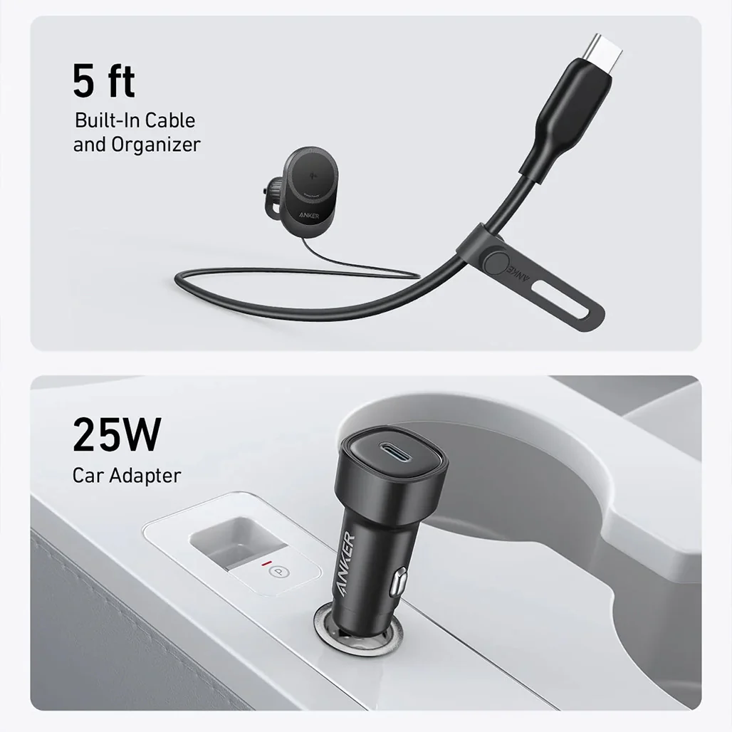 Anker MagGo 15W Wireless Car Charger - Magnetic Charging Pad with Built-In USB-C Cable, Adjustable 360° Base & 25W Adapter - Image 3