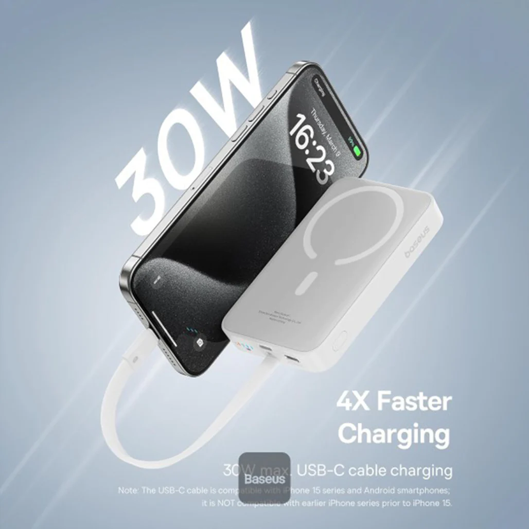 Baseus 10000mAh Magnetic Mini Wireless Power Bank 30W PD with Built-In USB-C Cable - Image 14