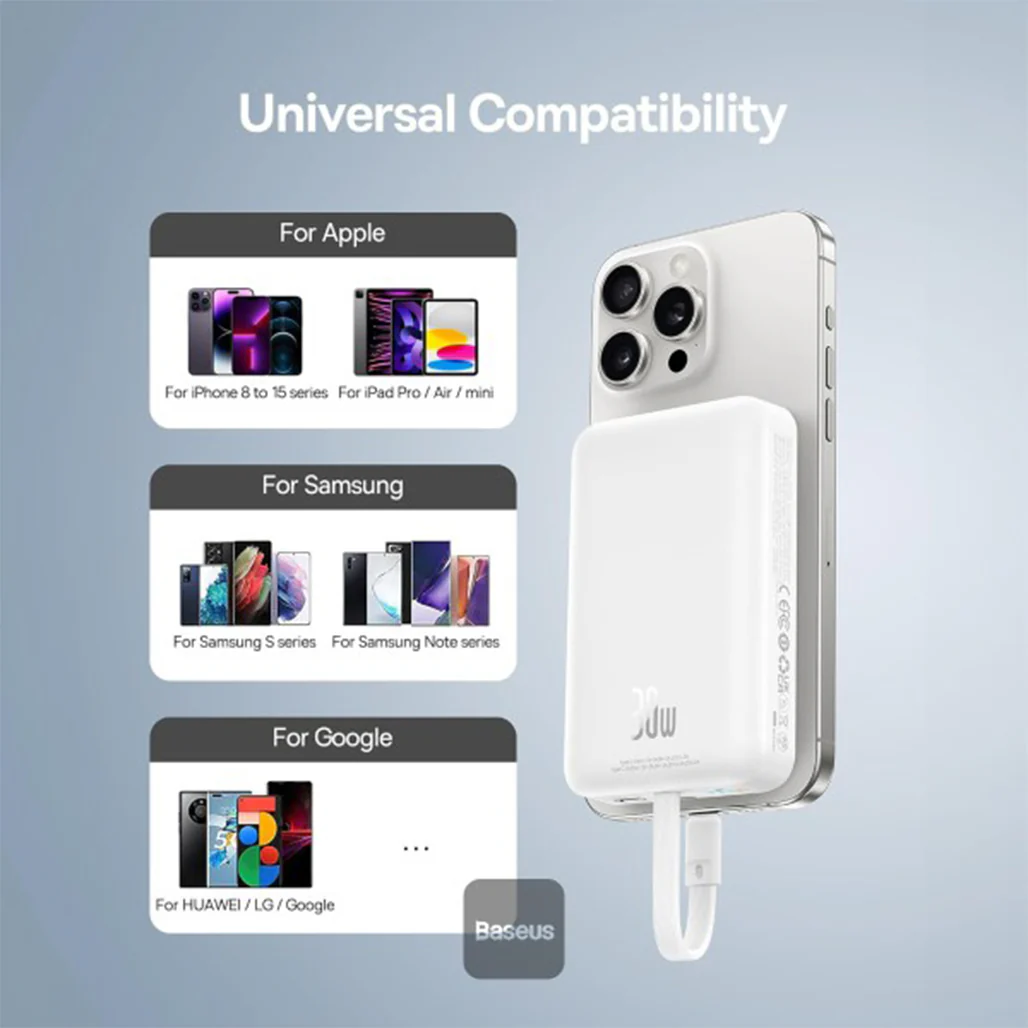 Baseus 10000mAh Magnetic Mini Wireless Power Bank 30W PD with Built-In USB-C Cable - Image 16