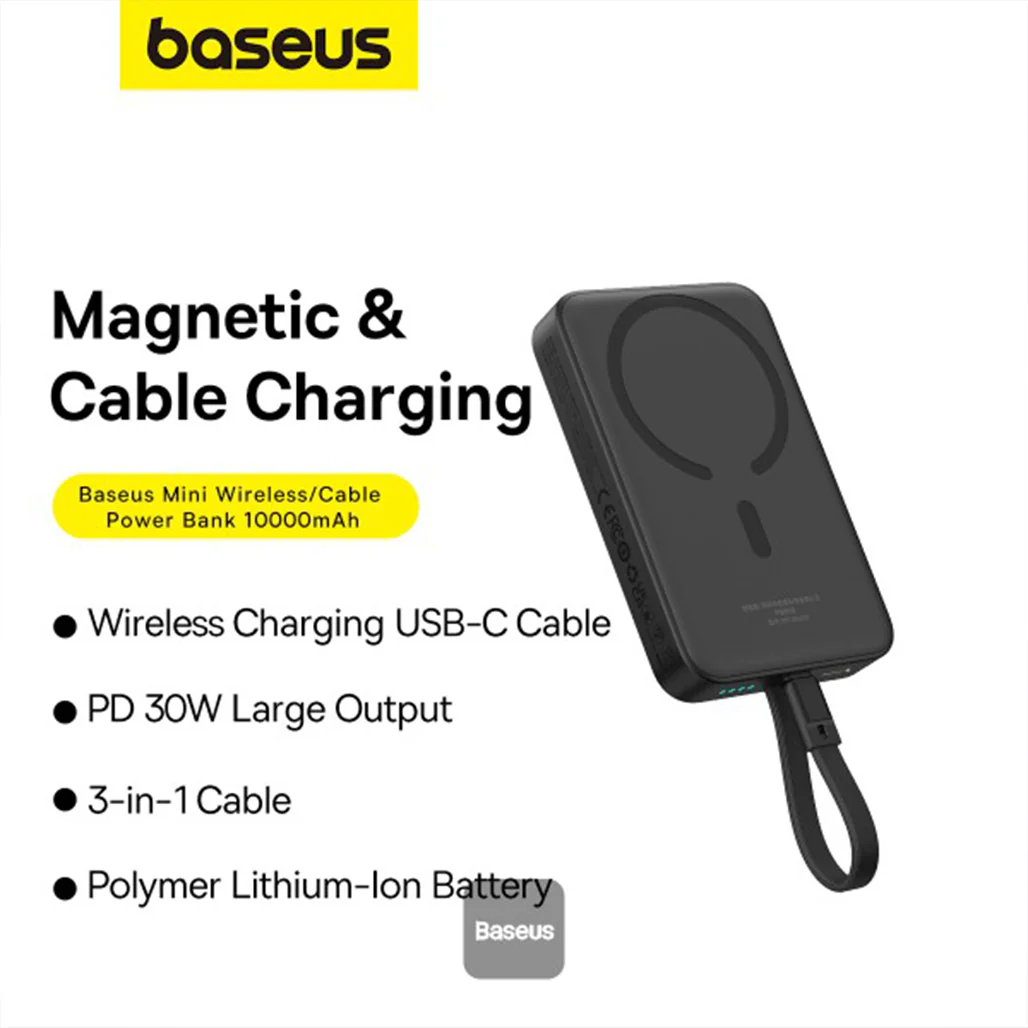 Baseus 10000mAh Magnetic Mini Wireless Power Bank 30W PD with Built-In USB-C Cable - Image 2