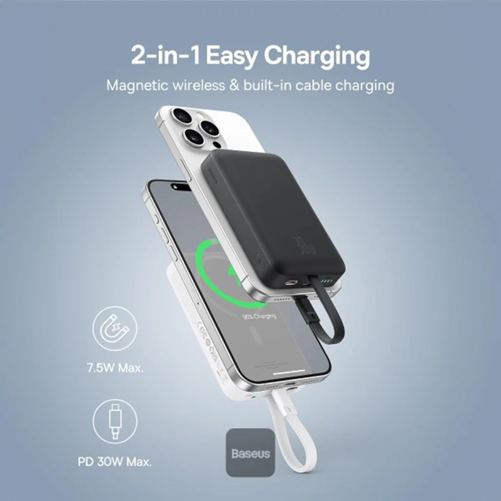 Baseus 10000mAh Magnetic Mini Wireless Power Bank 30W PD with Built-In USB-C Cable - Image 3