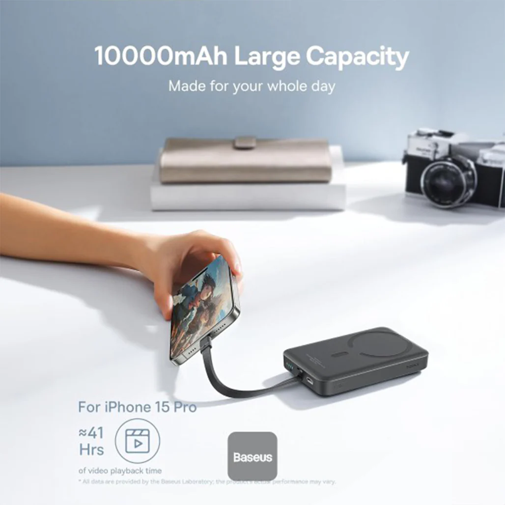 Baseus 10000mAh Magnetic Mini Wireless Power Bank 30W PD with Built-In USB-C Cable - Image 4