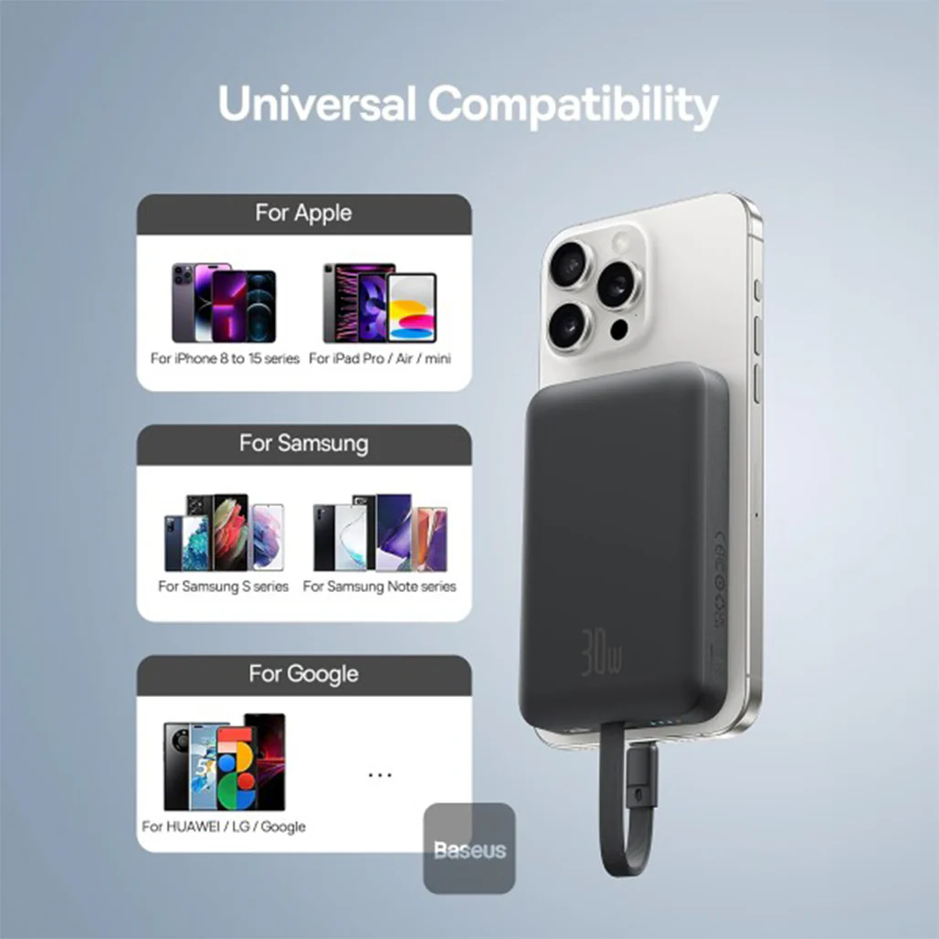 Baseus 10000mAh Magnetic Mini Wireless Power Bank 30W PD with Built-In USB-C Cable - Image 8