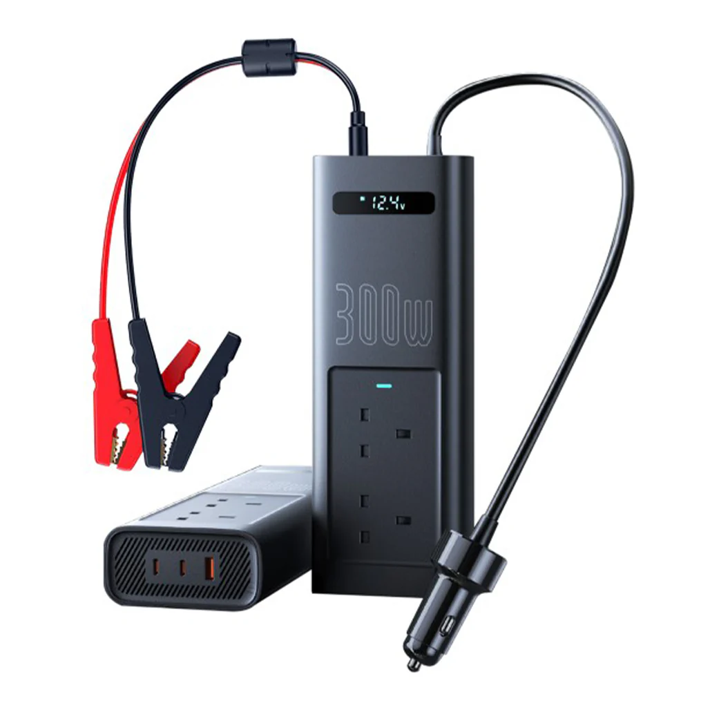 Baseus 300W Car Power Inverter with Smart Display, 5 Ports (1 USB-A, 2 USB-C, 2 AC Outlets), 12V DC to 200V-240V AC UK Plugs - Cluster Black, Ideal for Camping, Road Trips & Outdoor Use