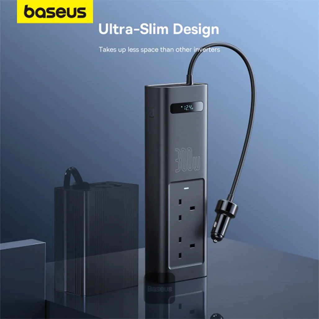 Baseus 300W Car Power Inverter with Smart Display, 5 Ports (1 USB-A, 2 USB-C, 2 AC Outlets), 12V DC to 200V-240V AC UK Plugs - Cluster Black, Ideal for Camping, Road Trips & Outdoor Use - Image 2