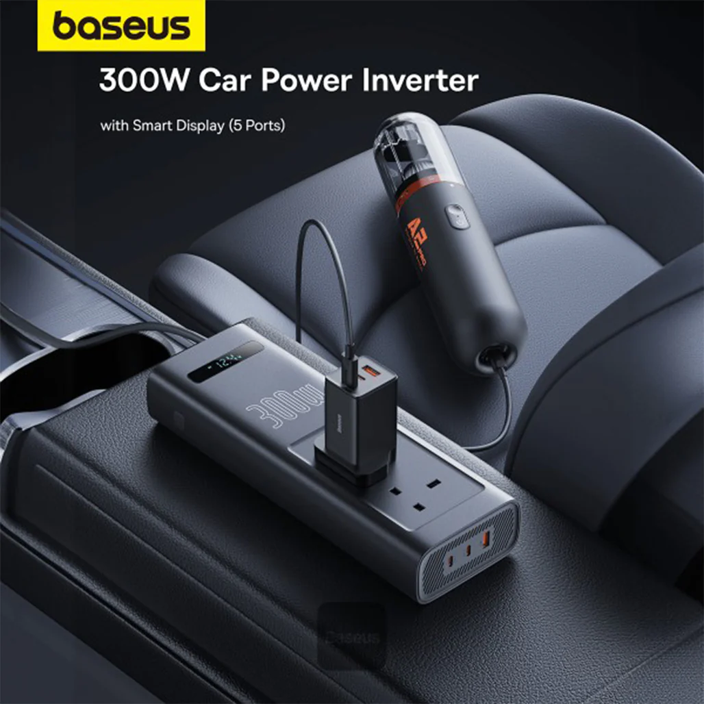 Baseus 300W Car Power Inverter with Smart Display, 5 Ports (1 USB-A, 2 USB-C, 2 AC Outlets), 12V DC to 200V-240V AC UK Plugs - Cluster Black, Ideal for Camping, Road Trips & Outdoor Use - Image 3