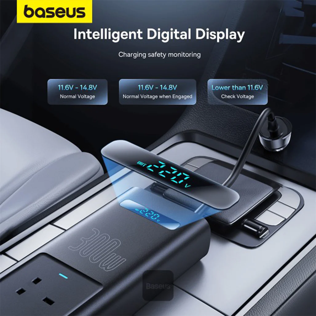 Baseus 300W Car Power Inverter with Smart Display, 5 Ports (1 USB-A, 2 USB-C, 2 AC Outlets), 12V DC to 200V-240V AC UK Plugs - Cluster Black, Ideal for Camping, Road Trips & Outdoor Use - Image 4