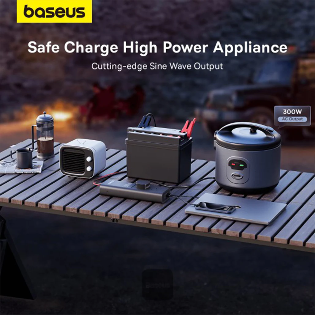 Baseus 300W Car Power Inverter with Smart Display, 5 Ports (1 USB-A, 2 USB-C, 2 AC Outlets), 12V DC to 200V-240V AC UK Plugs - Cluster Black, Ideal for Camping, Road Trips & Outdoor Use - Image 5