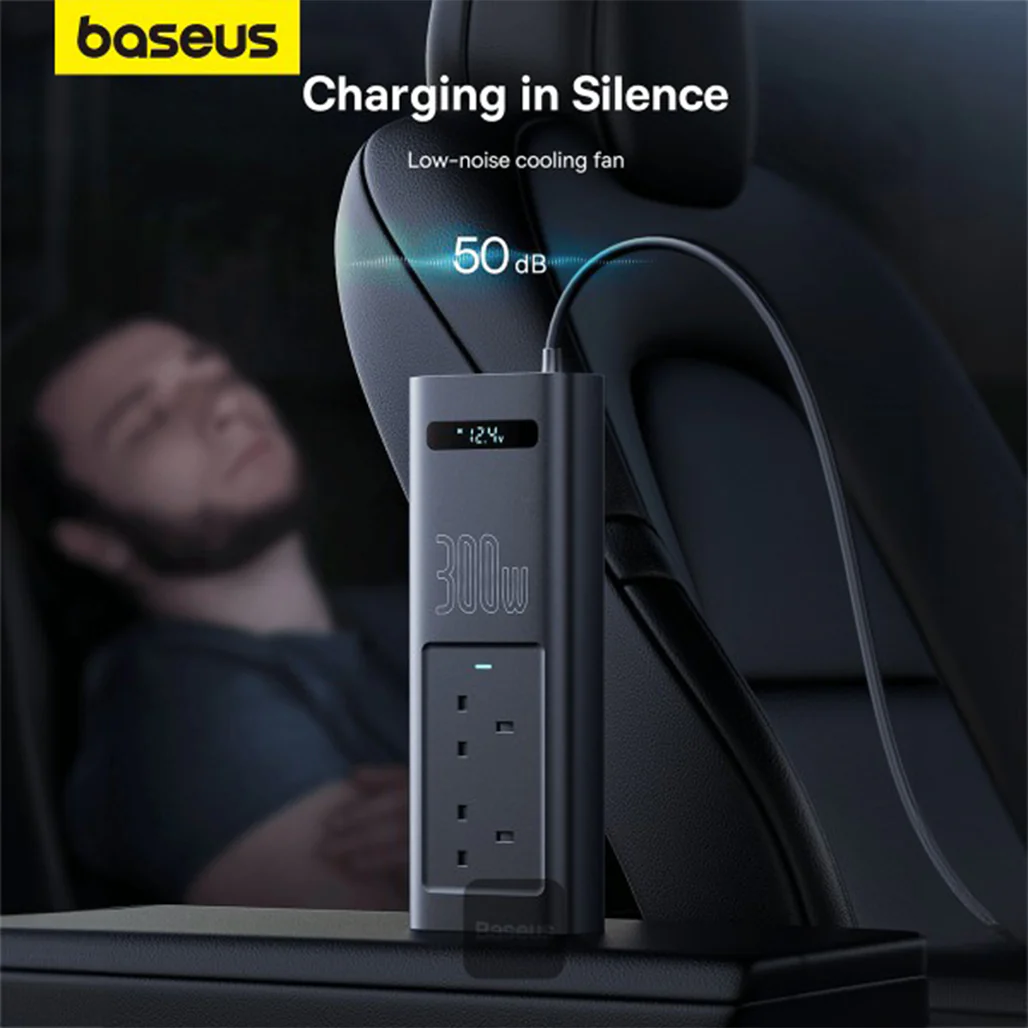 Baseus 300W Car Power Inverter with Smart Display, 5 Ports (1 USB-A, 2 USB-C, 2 AC Outlets), 12V DC to 200V-240V AC UK Plugs - Cluster Black, Ideal for Camping, Road Trips & Outdoor Use - Image 6