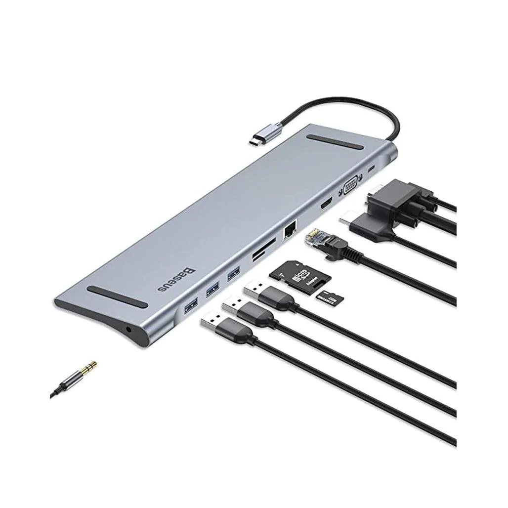 Baseus Aluminum 11-in-1 USB-C Hub with 4K HDMI, VGA, Gigabit Ethernet, USB 3.0 Ports, SD/TF Card Reader & Audio/Mic - Universal Type-C Adapter for MacBook Pro, Laptops & More