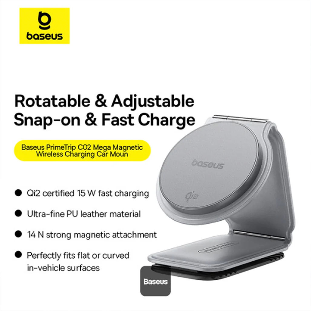 Baseus C02 PrimeTrip Magnetic Wireless Charging Car Phone Holder - 15W Qi2 MagSafe, Foldable Dashboard Mount, 360° Adjustable, Gray - Image 4
