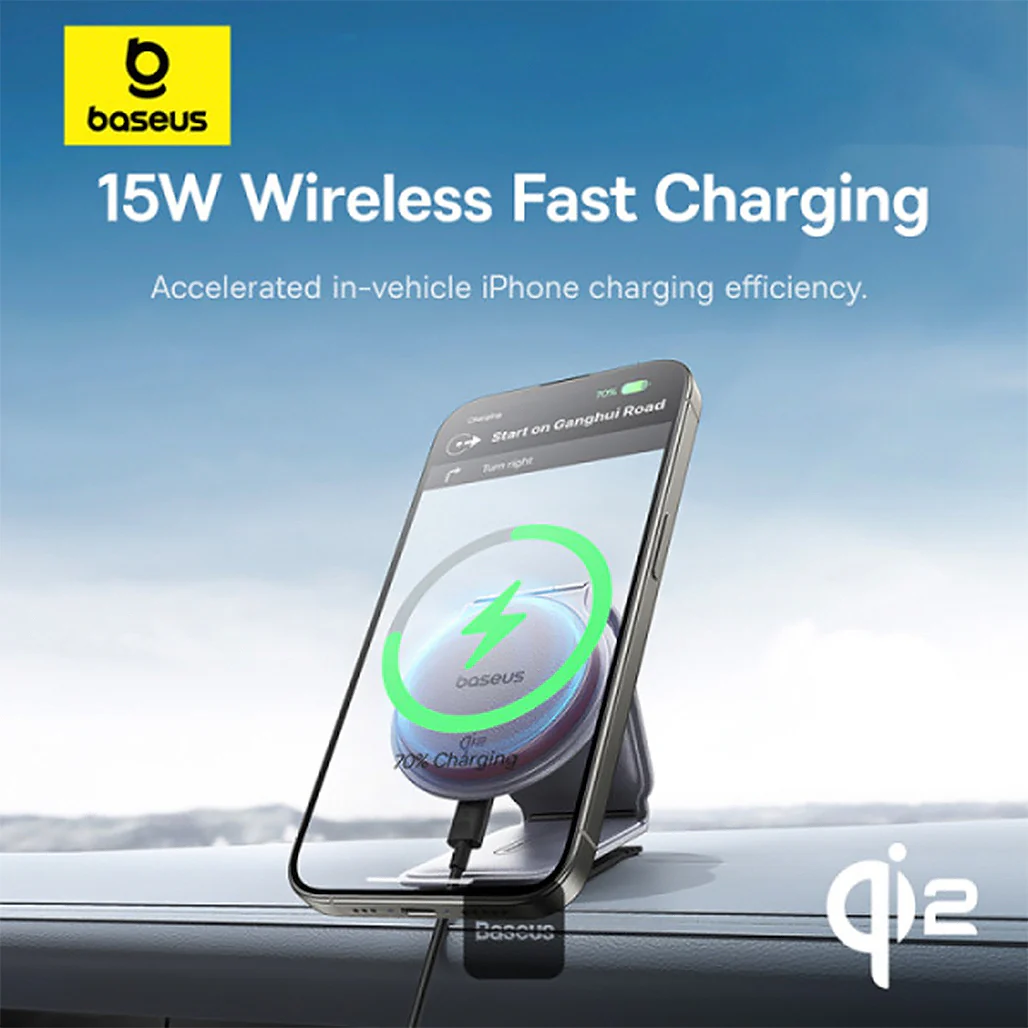 Baseus C02 PrimeTrip Magnetic Wireless Charging Car Phone Holder - 15W Qi2 MagSafe, Foldable Dashboard Mount, 360° Adjustable, Gray - Image 8