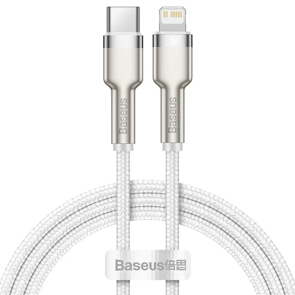 Baseus Cafule Metal Cable Type-C to iP - PD 20W Fast Charging, 2m Length, Zinc Alloy, 480Mbps Data Transfer - White