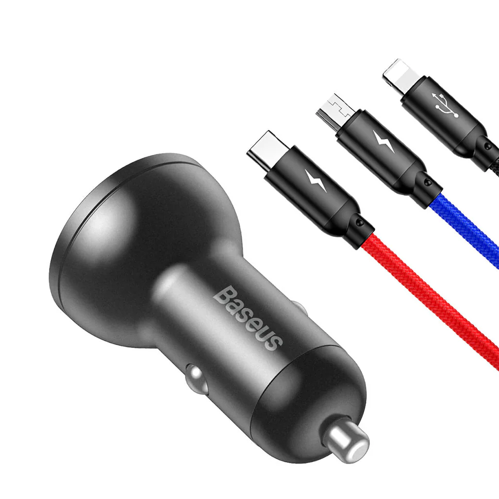 Baseus Car Charger Dual USB 4.8A 24W with 3-in-1 Cable 1m - TZCCBX-0G - Image 2
