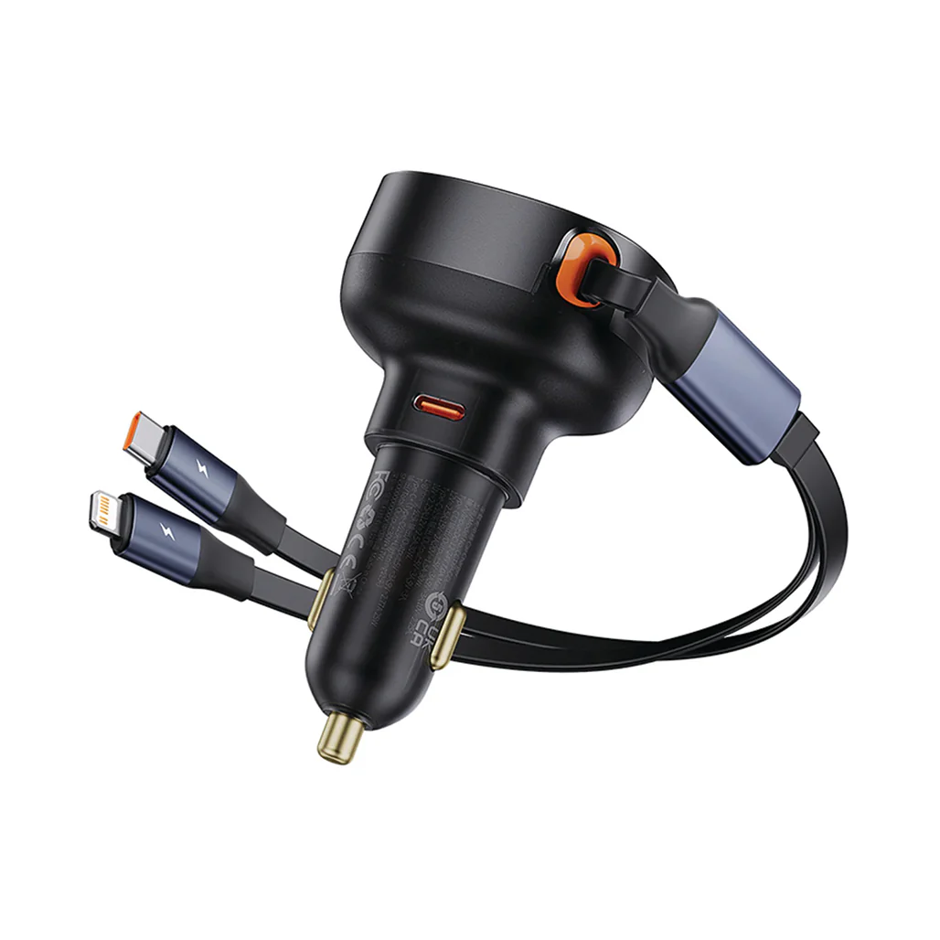 Baseus Enjoyment Pro 60W Car Charger with Retractable Type-C & Lightning Cables - Fast Charging for 3 Devices