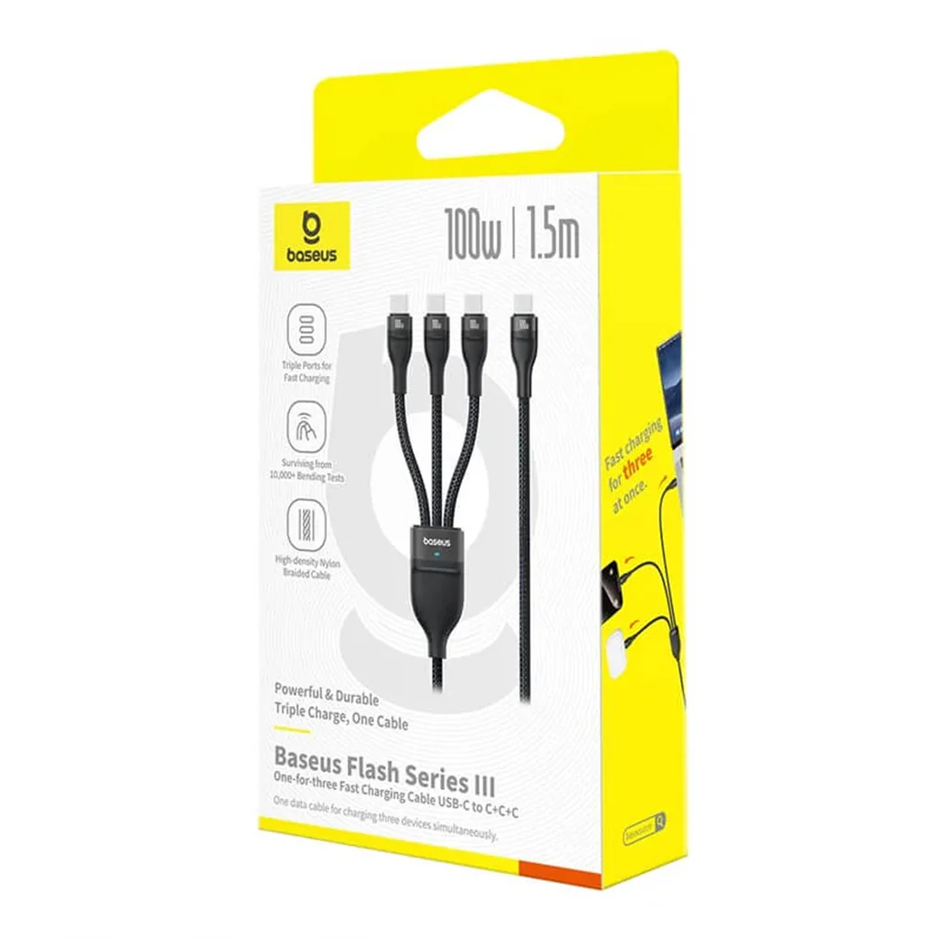 Baseus Flash Series 3 Type-C to C+C+C Fast Charging Cable | 3-in-1 100W Power Deliver - Image 3