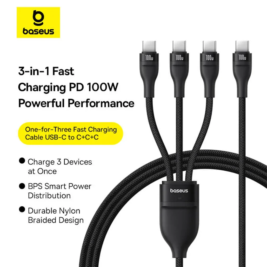 Baseus Flash Series 3 Type-C to C+C+C Fast Charging Cable | 3-in-1 100W Power Deliver - Image 4