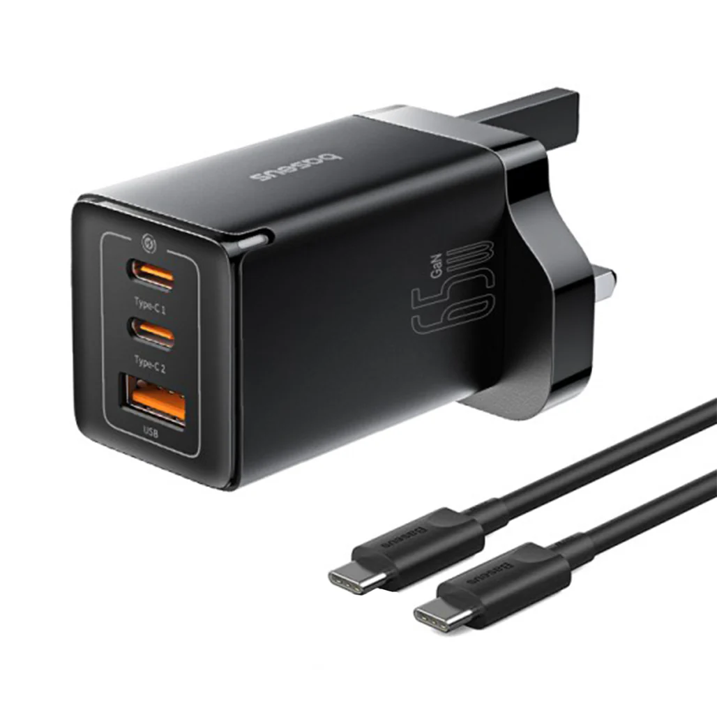Baseus GaN5 Pro 65W 3-Port Fast Charger with Dual Type-C and USB-A | UK Plug | Ideal for iPhone, MacBook, iPad, Samsung, and Type-C Devices