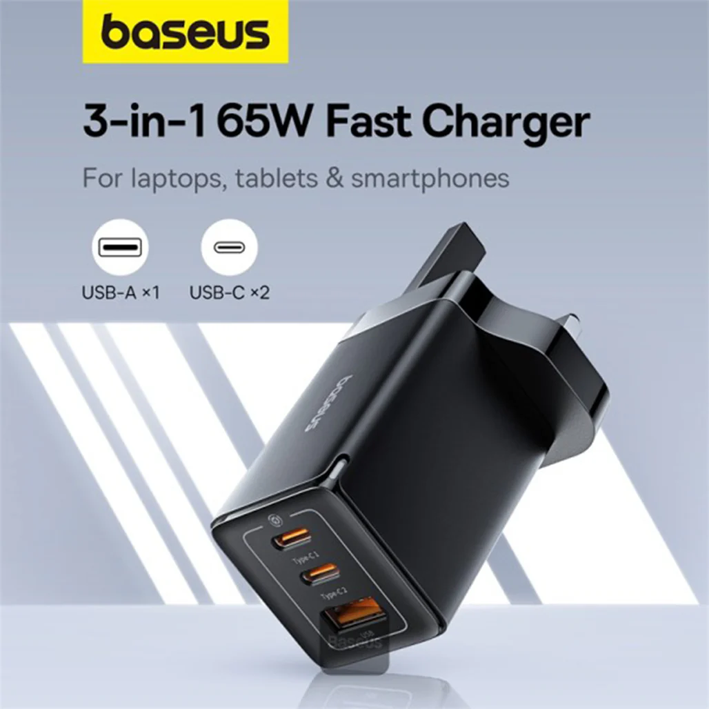 Baseus GaN5 Pro 65W 3-Port Fast Charger with Dual Type-C and USB-A | UK Plug | Ideal for iPhone, MacBook, iPad, Samsung, and Type-C Devices - Image 3