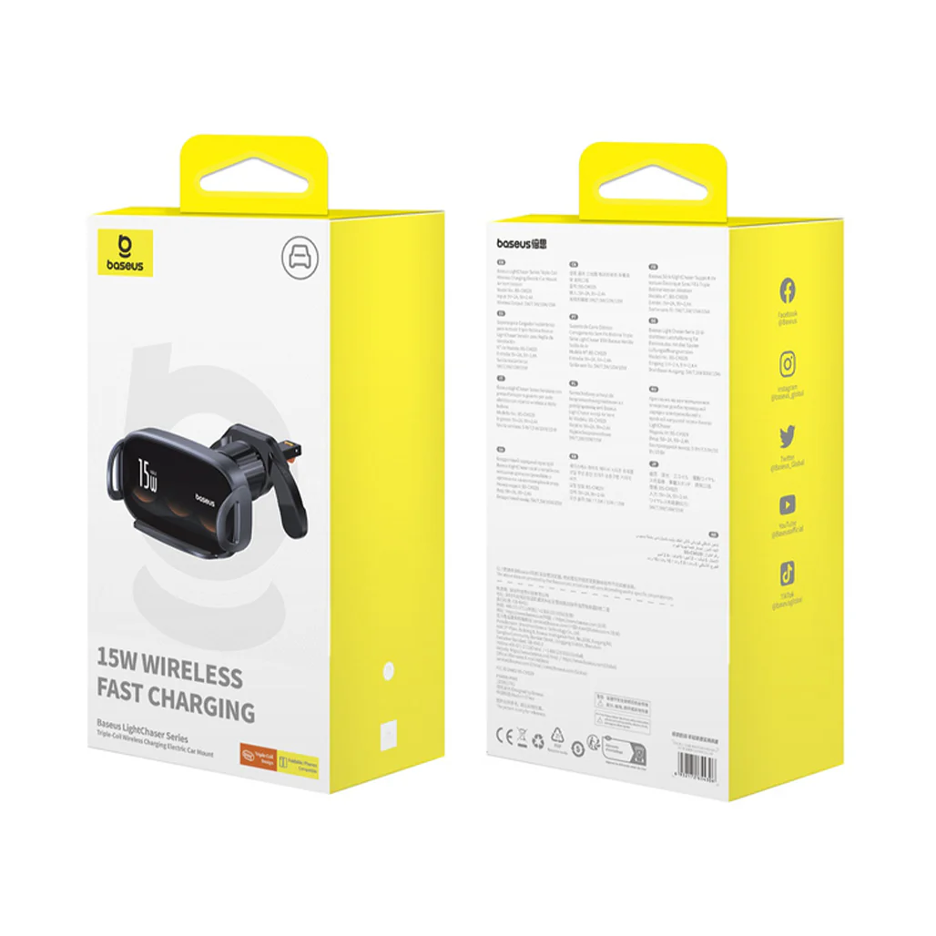 Baseus LightChaser Series Triple-Coil 15W Wireless Charging Car Mount – Electric Car Holder with Auto Clamping and Advanced Protection – Black - Image 5