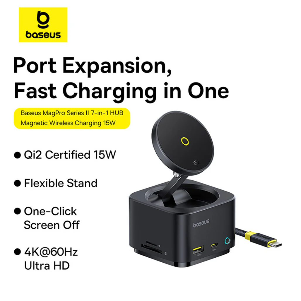Baseus MagPro Series II 7-in-1 Hub – Magnetic Wireless Charging, 15W Qi2, 100W PD, 4K HDMI, Ultra-Fast 10Gbps Ports - Image 4