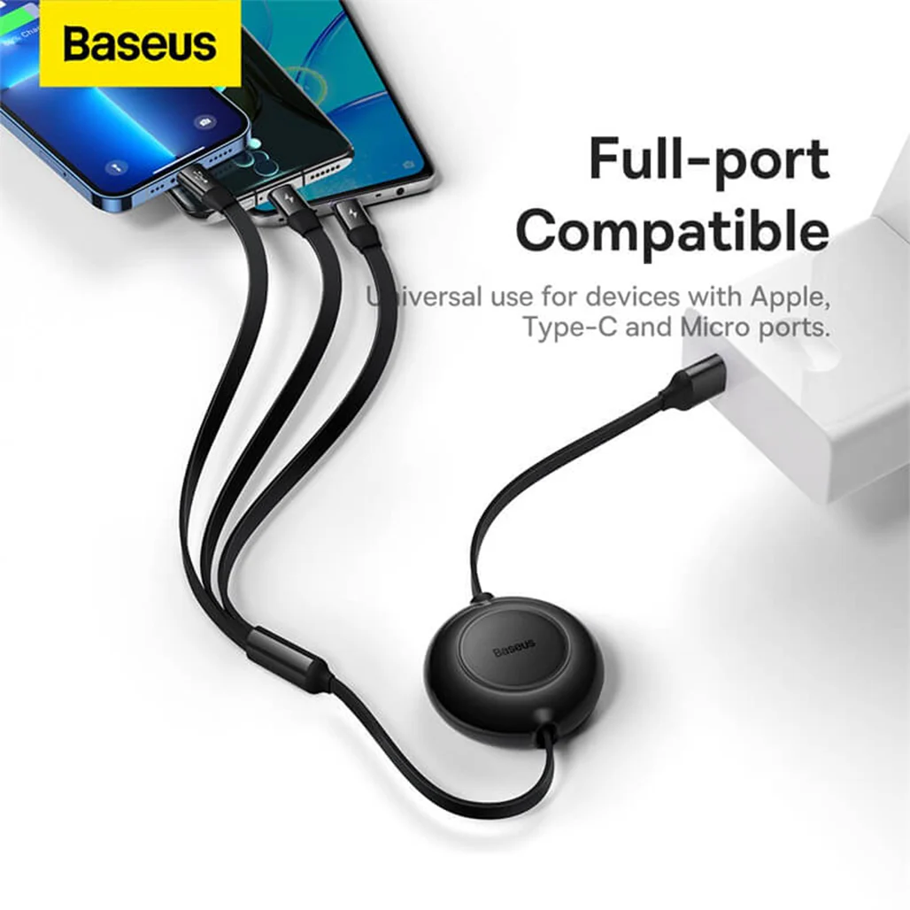 Baseus Bright Mirror 2 Series Retractable 3-in-1 Fast Charging Data Cable | USB-A to Type-C, Lightning, Micro USB | 3.5A | 1.1M - Black - Image 4
