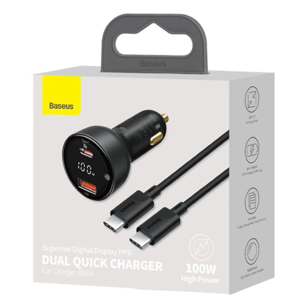 Baseus Superme PPS Dual Quick Car Charger with 1m USB-C to USB-C Cable – 100W Fast Charging with Digital Display - Image 2
