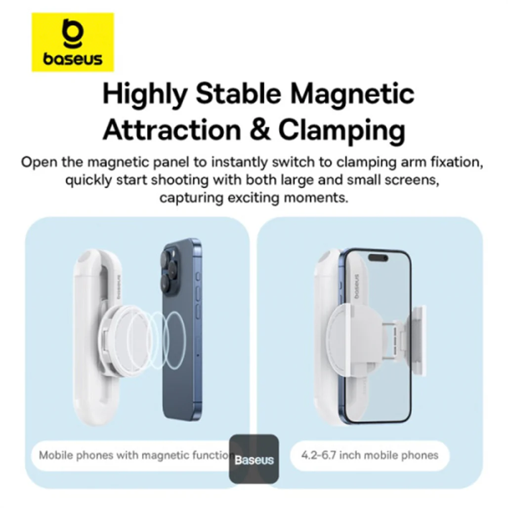 Baseus TechShot Dual-Support Magnetic & Clamping Selfie Stick Tripod with Bluetooth Remote, 360° Rotation, Foldable, Extendable - White - Image 7