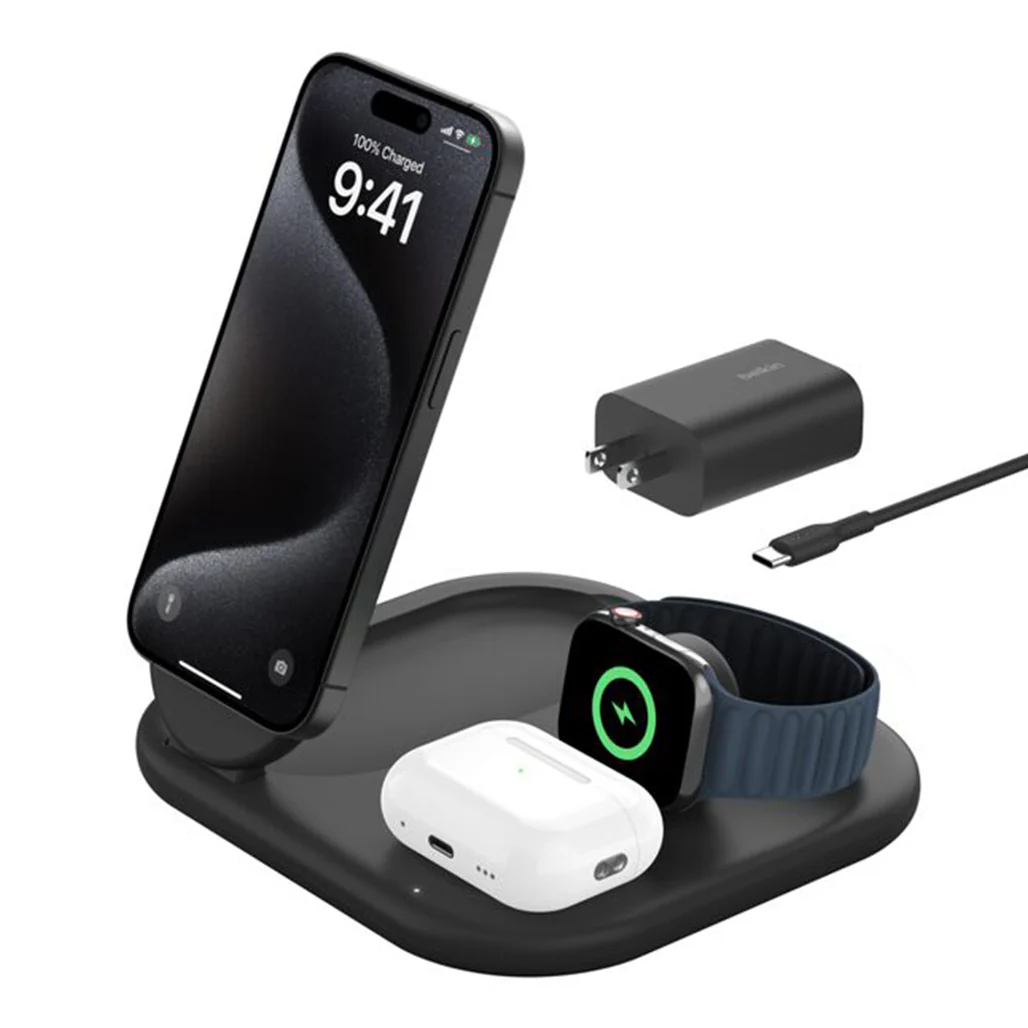 Belkin BoostCharge 3-in-1 Magnetic Foldable Wireless Charging Station with Qi2, 15W Fast Charging for iPhone, Apple Watch & AirPods