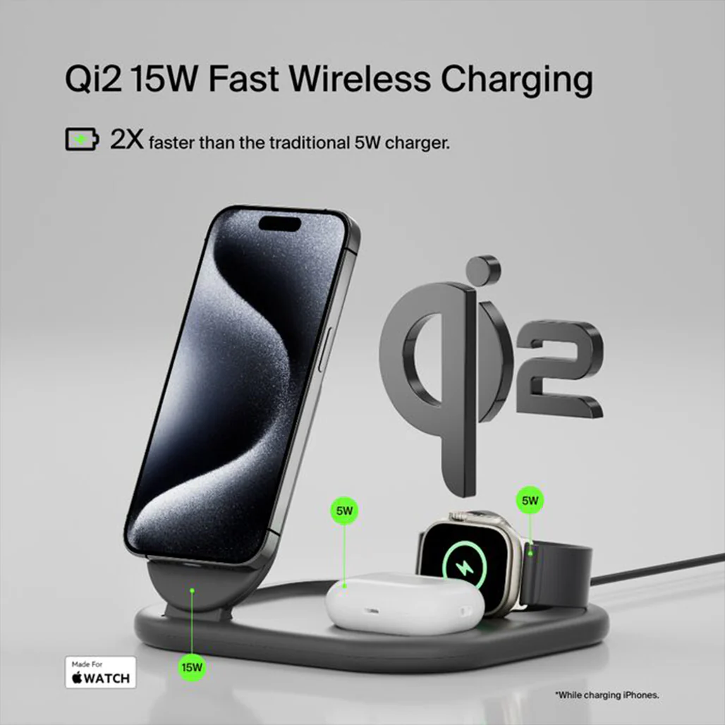 Belkin BoostCharge 3-in-1 Magnetic Foldable Wireless Charging Station with Qi2, 15W Fast Charging for iPhone, Apple Watch & AirPods - Image 5