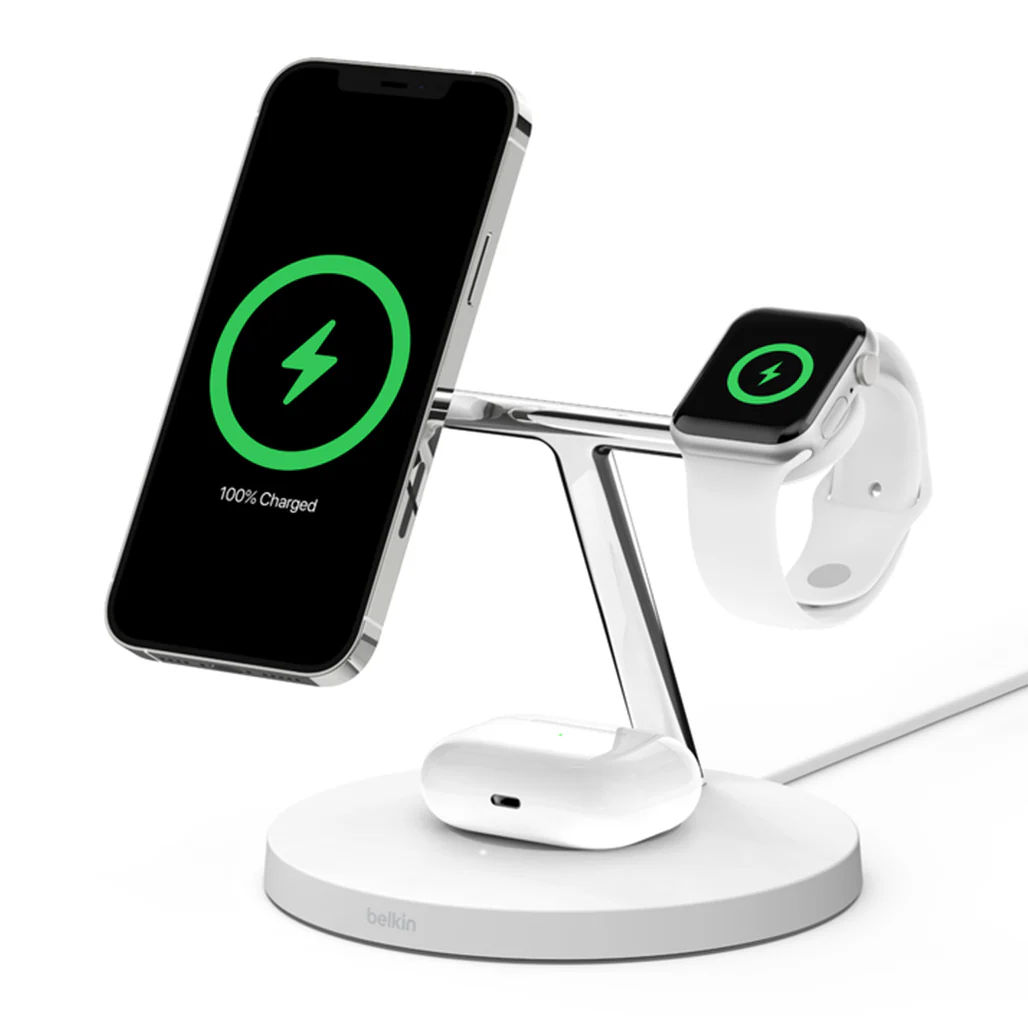 Belkin BoostCharge Pro 3-in-1 Wireless Charger with MagSafe 15W - Fast Charging for iPhone, Apple Watch, and AirPods | White - Image 2