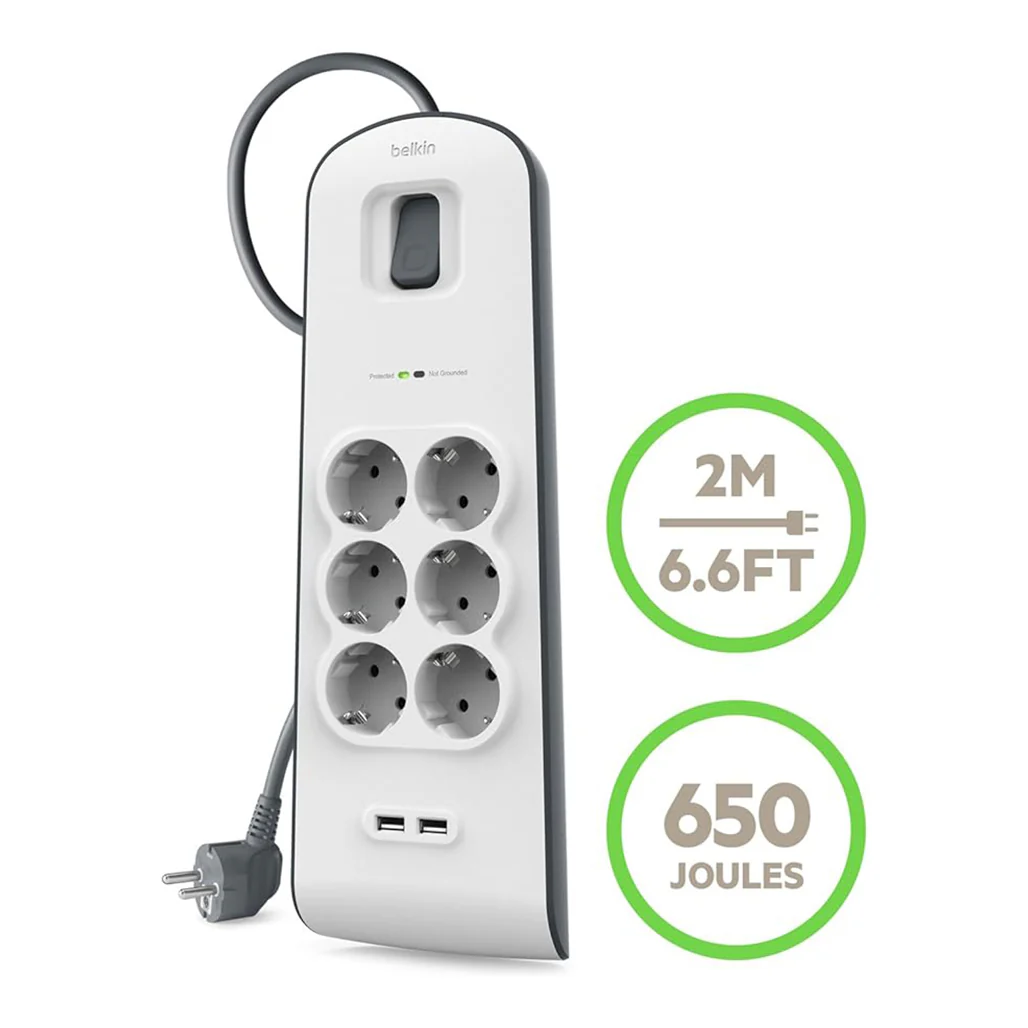 Belkin BSV604Vf2M 6-Outlet Surge Protector with 2.4A USB Charging - 2M Cord, 650 Joules, 15,000A Spike Protection - Image 2