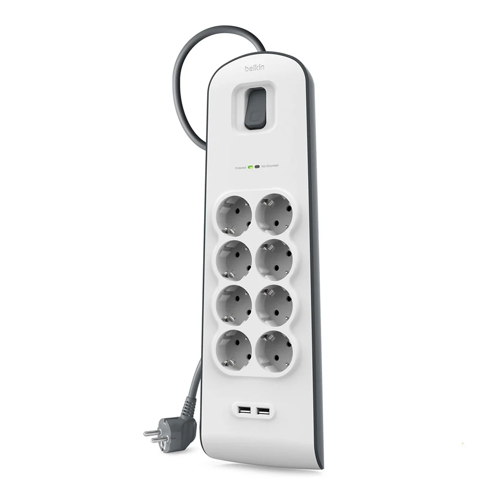 Belkin BSV804VF2M 8-Outlet Surge Protector with 2.4A USB Charging - 2M Cord, 900 Joules, 15,000A Spike Protection