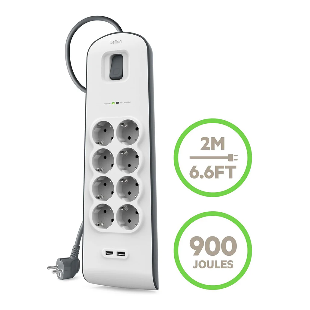 Belkin BSV804VF2M 8-Outlet Surge Protector with 2.4A USB Charging - 2M Cord, 900 Joules, 15,000A Spike Protection - Image 2