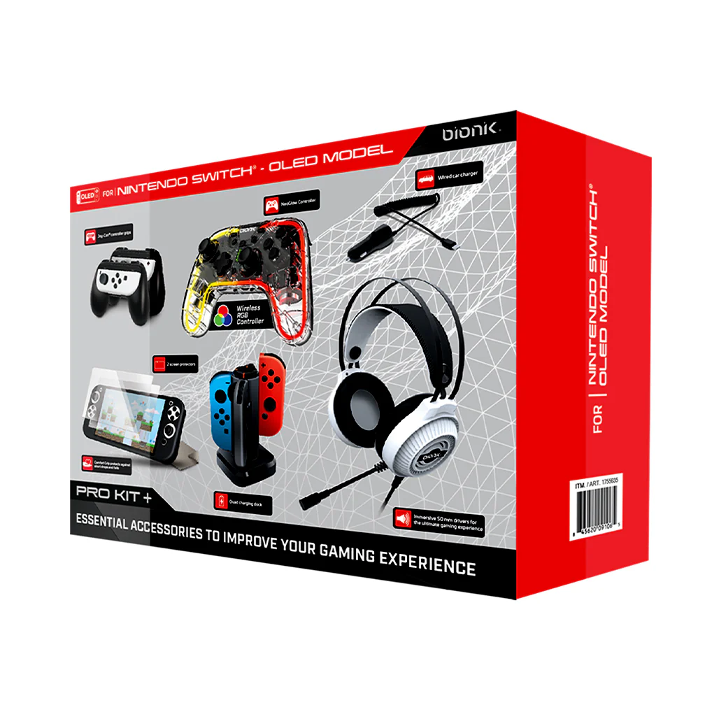 Bionik Pro Kit+ Gaming Accessory Bundle for Nintendo Switch OLED – Headset, NeoGlow Controller, Charger, Grips, Screen Protectors & More
