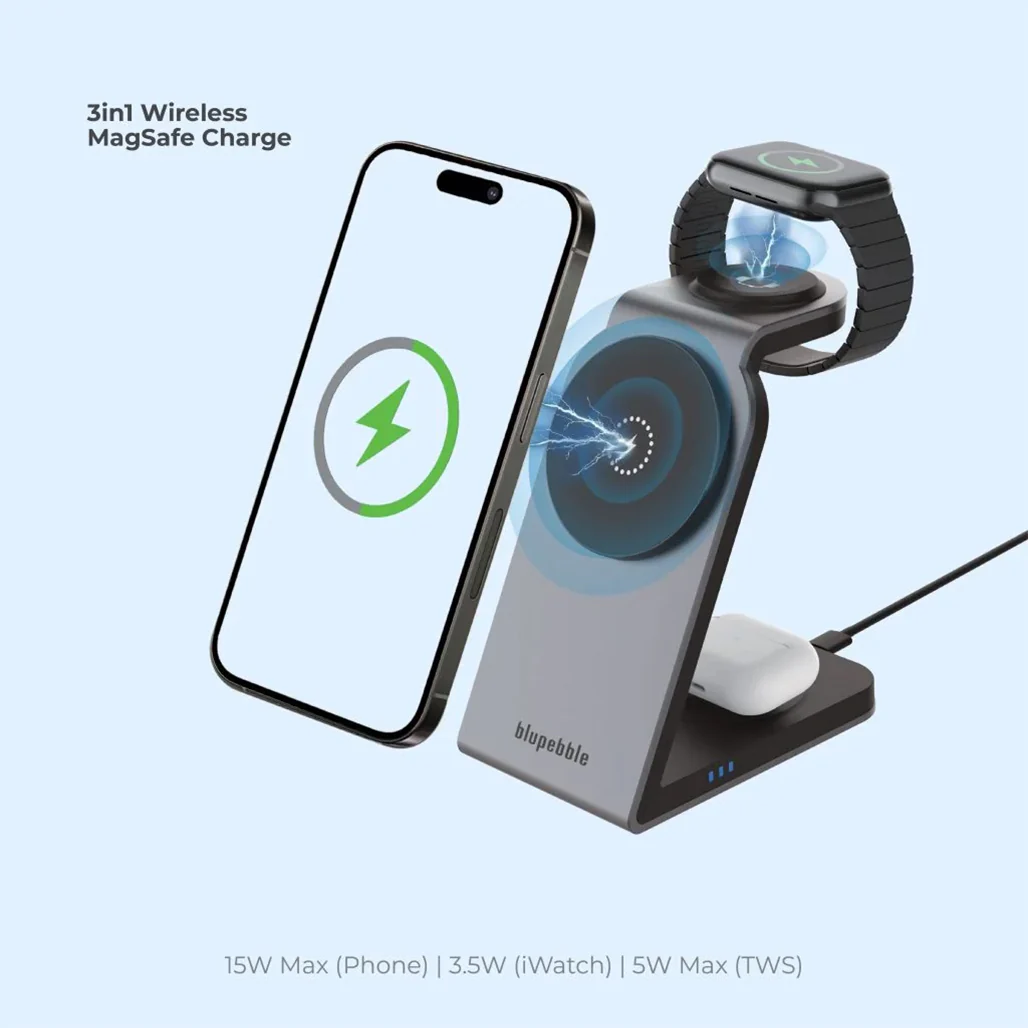 Blupebble 3-in-1 Wireless MagSafe Charging Stand - Fast Charging for iPhone, Apple Watch, and AirPods - Image 4