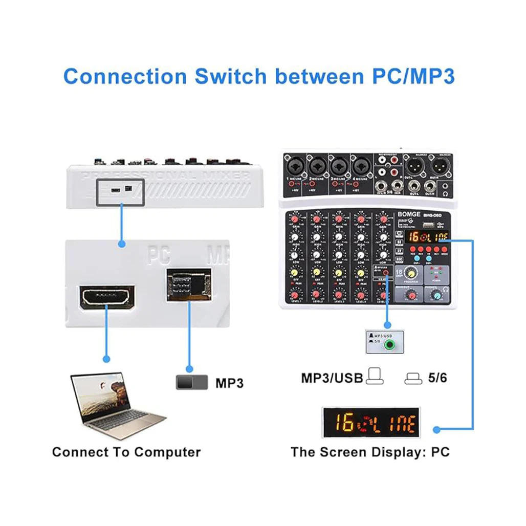 BOMGE 6-Channel Audio Mixer - Professional Digital DJ Mixer - Image 5
