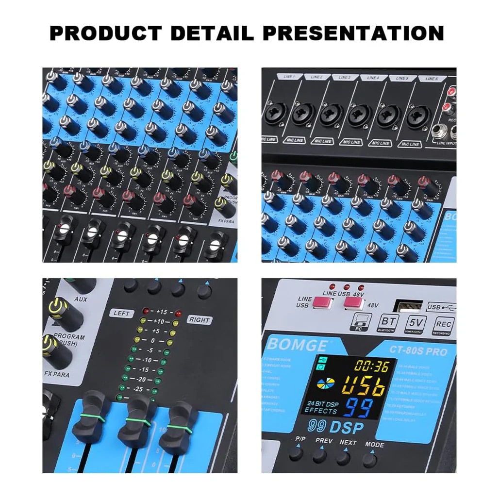 BOMGE 8-Channel Professional Audio Mixer Console – Studio & DJ Sound Board Interface - Image 2