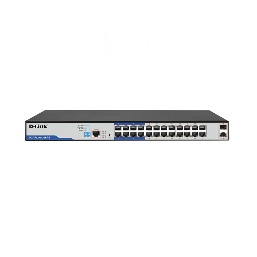 D-Link 24-Port Layer 2 Gigabit Managed Long Range PoE+ Surveillance Switch  -DGS-F1210-26PS-E