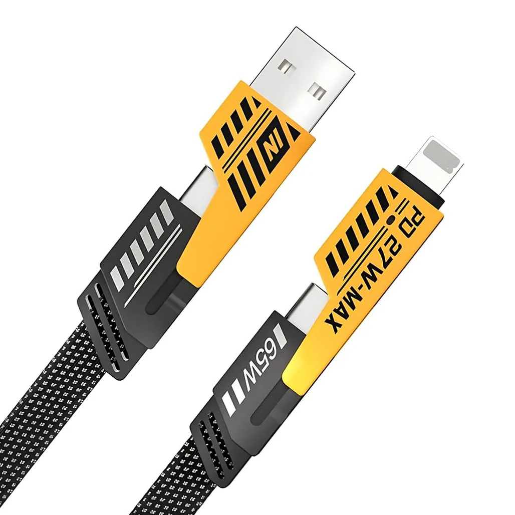 Flat Wire 4-in-1 USB-C Fast Charging Cable, 65W PD, 1M Nylon Braided Multi-Charger for iPhone, Android, MacBook, iPad, AirPods