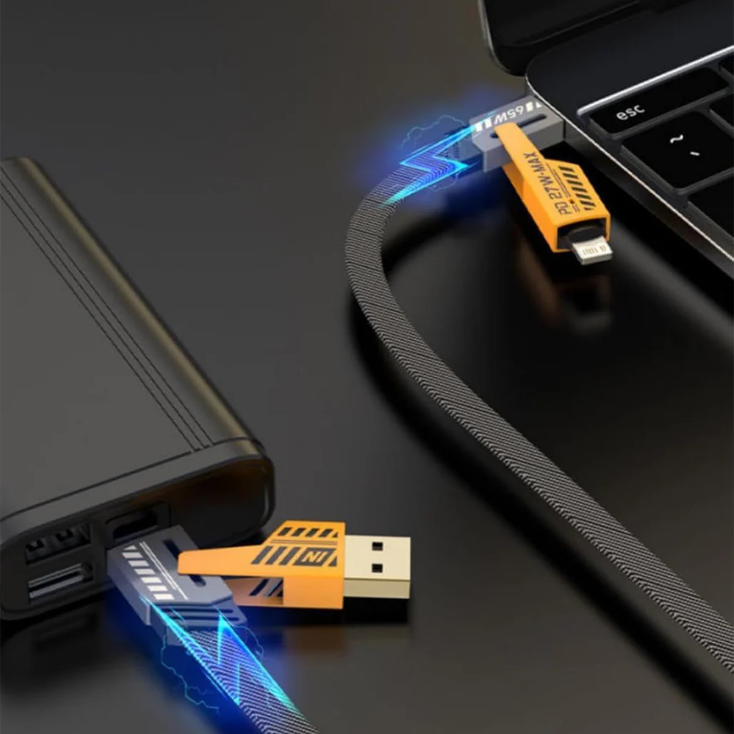 Flat Wire 4-in-1 USB-C Fast Charging Cable, 65W PD, 1M Nylon Braided Multi-Charger for iPhone, Android, MacBook, iPad, AirPods - Image 4