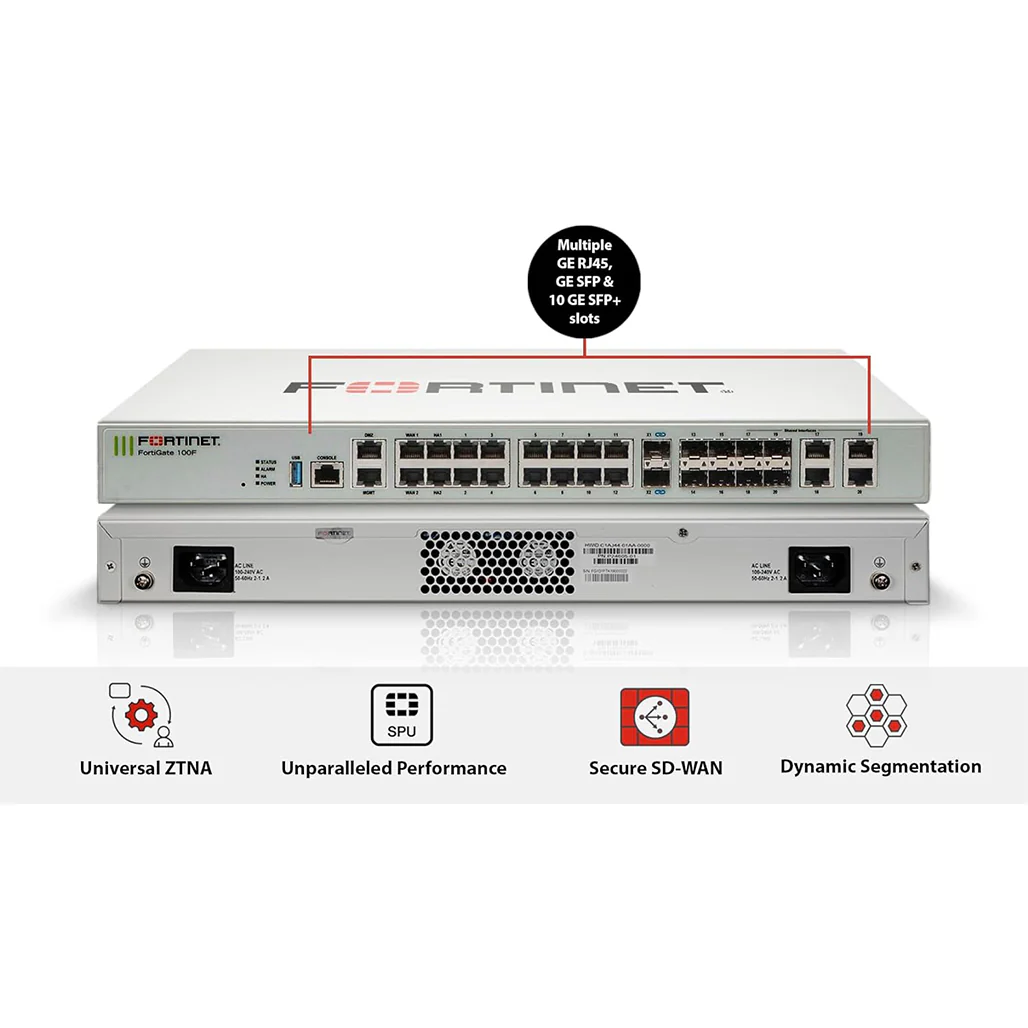 Fortinet FortiGate 100F Firewall Appliance | 22 GE RJ45 Ports, 4 SFP, 2 10G SFP+ Ports - Image 2