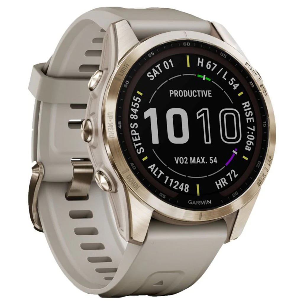 Garmin FĒNIX 7S Sapphire Solar - Cream Gold Titanium With Cream Heathered Nylon Band - Image 2