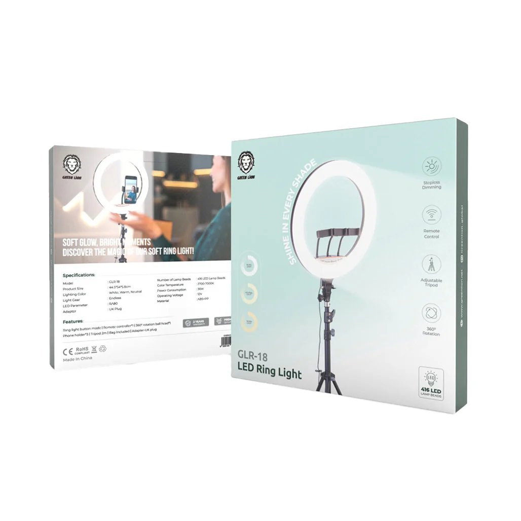 Green Lion 18-Inch LED Ring Light with Adjustable Tripod, Remote Control, and 416 Beads – Ideal for Streaming & Vlogging - Image 2