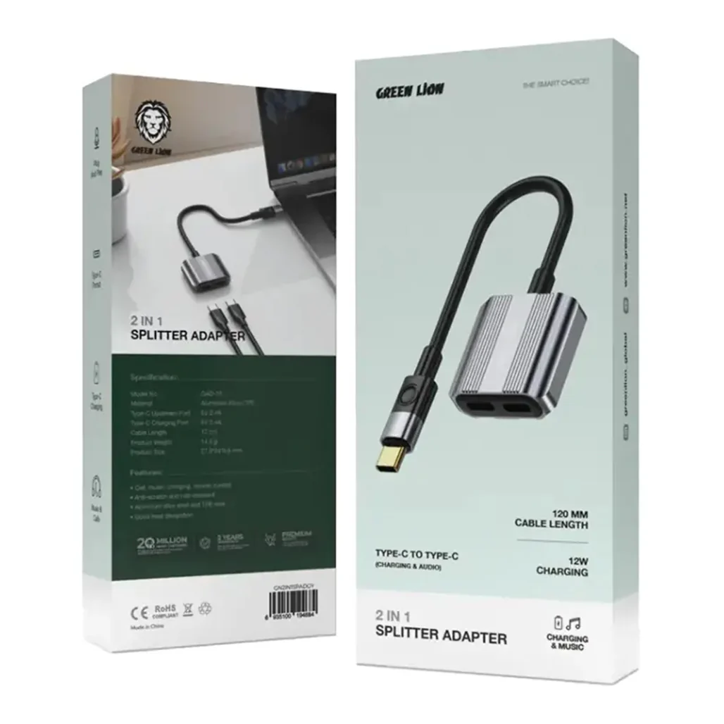Green Lion 2-in-1 Type-C Splitter Adapter – Dual Type-C Ports for Charging and Audio – Gray - Image 2