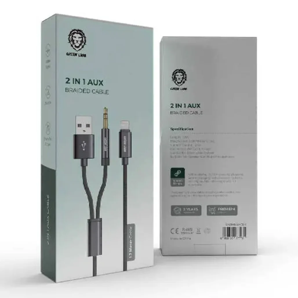 Green Lion 2-in-1 AUX Braided Cable (1.2m) - Durable Black Audio Connector - Image 2