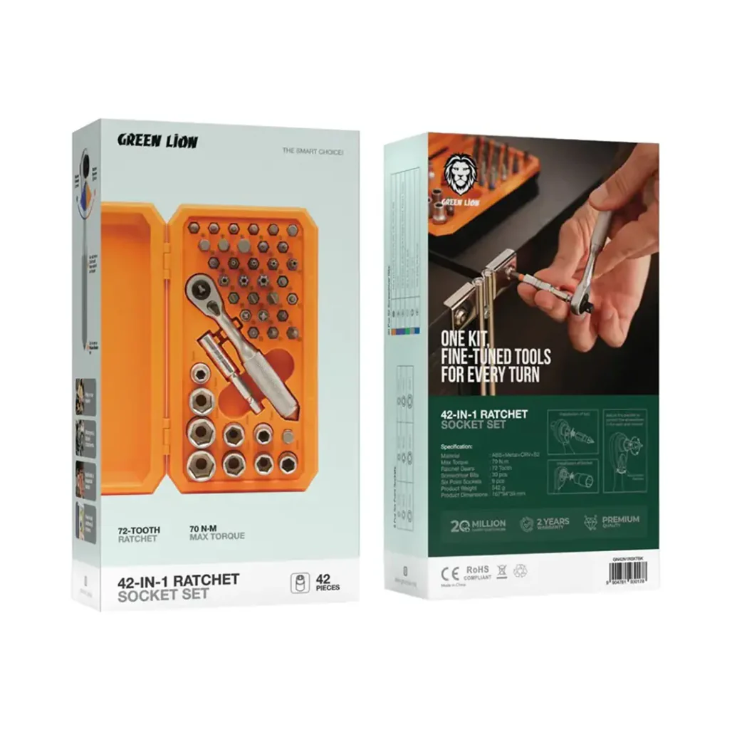 Green Lion 42-in-1 Ratchet Socket Tool Set – Heavy-Duty Hand Tools Kit with 72-Tooth Ratchet & 70 N·m Torque - Image 3